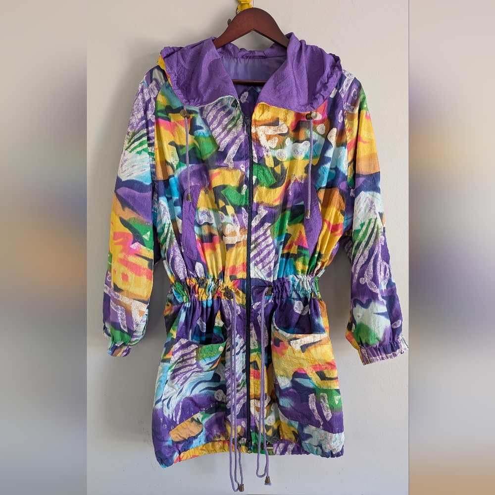 Vintage Pizazz Nylon Jacket, Colourful All Over Pattern Oversized, Size XS